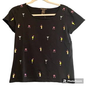 NWT Sydney Easton Embroidered Cocktail Black Cropped Tee Shirt Sz L